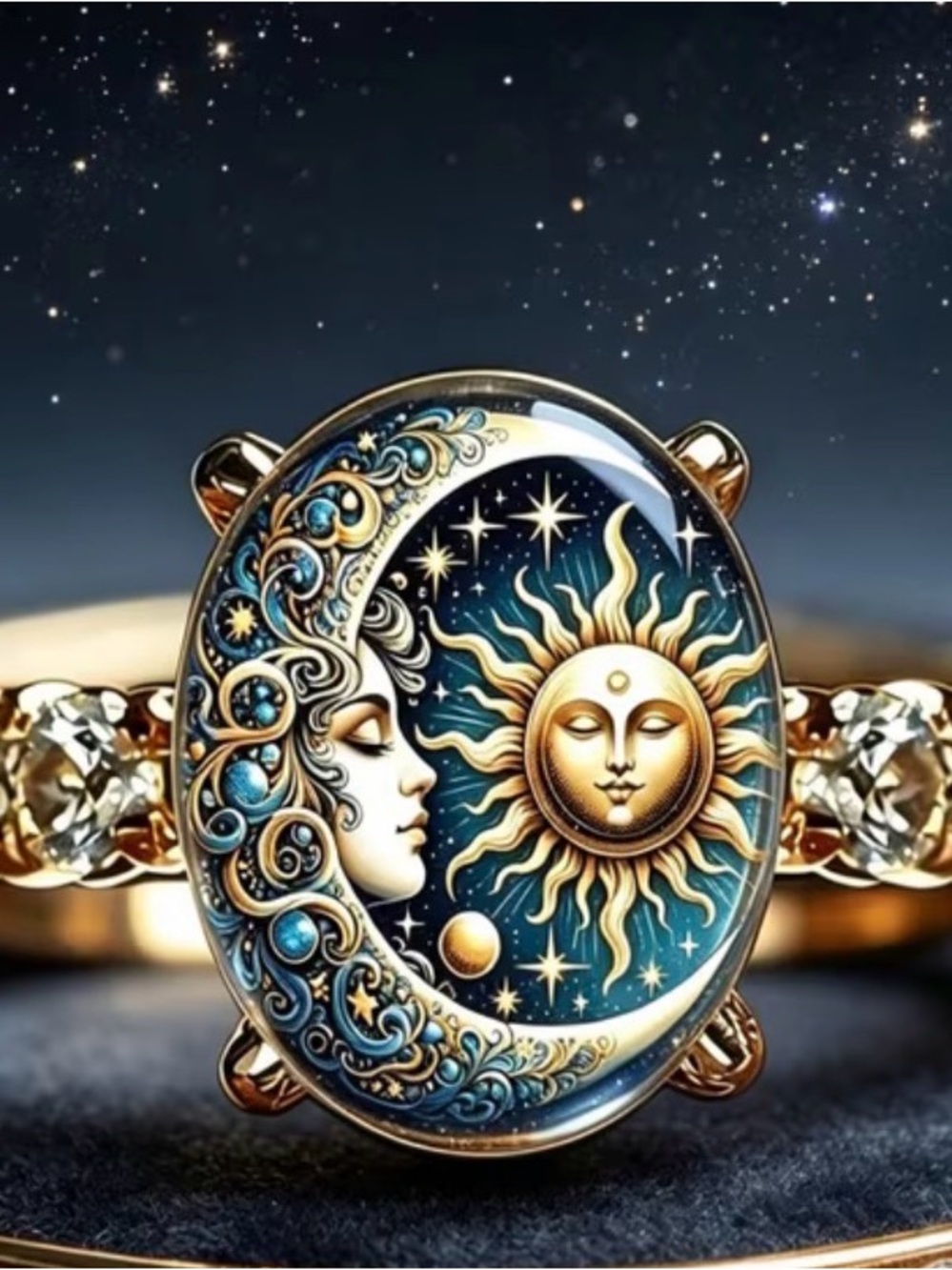 🌜🌞 Celestial Moon & Sun Ring - CZ, Gold-Tone with Blue & Gold Accents